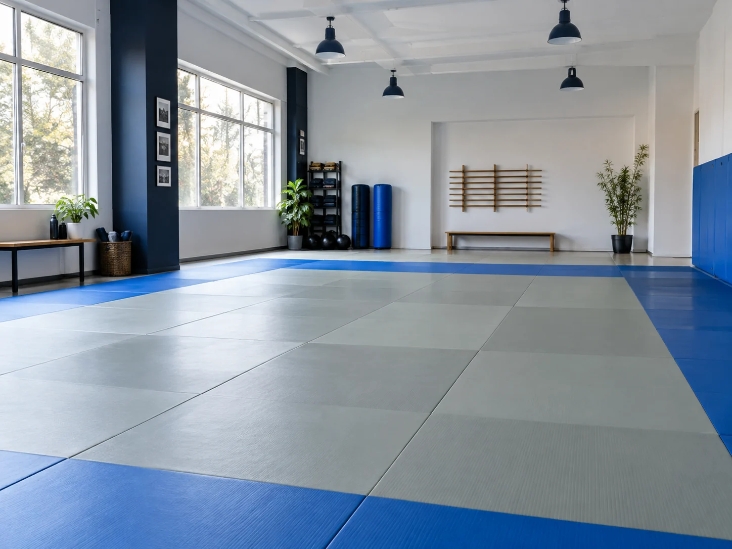 Illustrative martial arts training room with blue and grey mats
